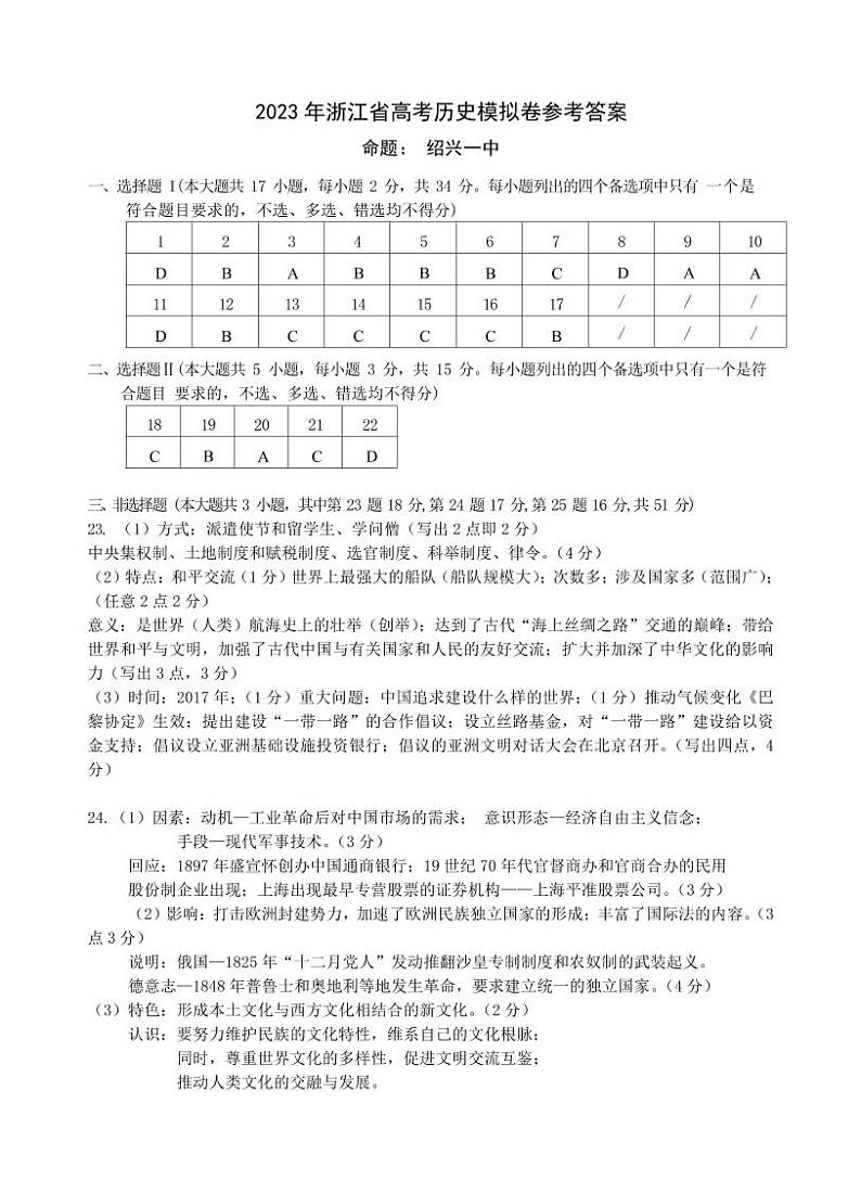 2023年浙江省高考四校联盟高三模拟卷 历史答案第1页