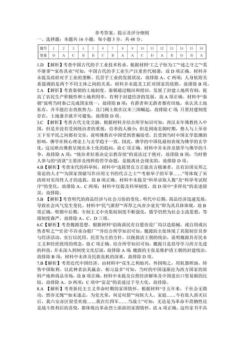 安徽省县中联盟2023-2024学年高三上学期12月联考 历史答案第1页