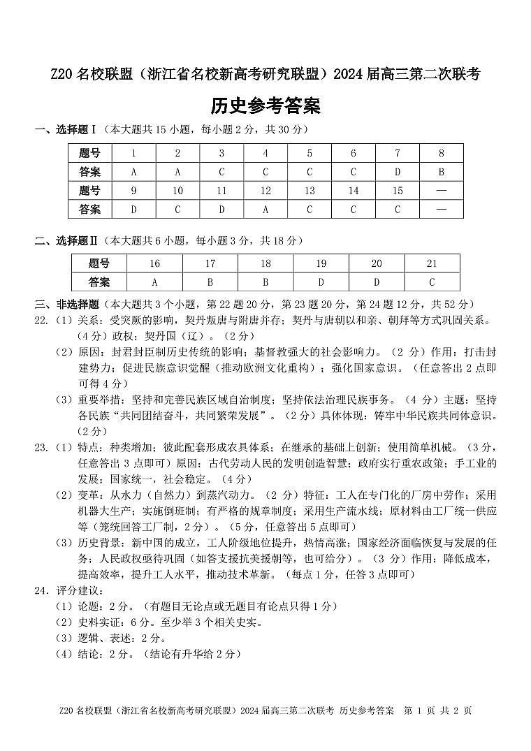 浙江省Z20名校联盟2023-2024学年高三上学期12月月考历史答案第1页