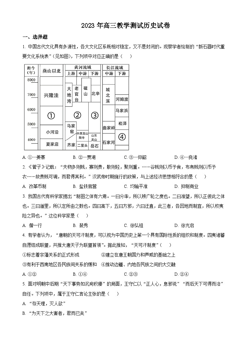 2024届浙江省嘉兴市高三上学期教学测试（一模）历史试卷无答案第1页