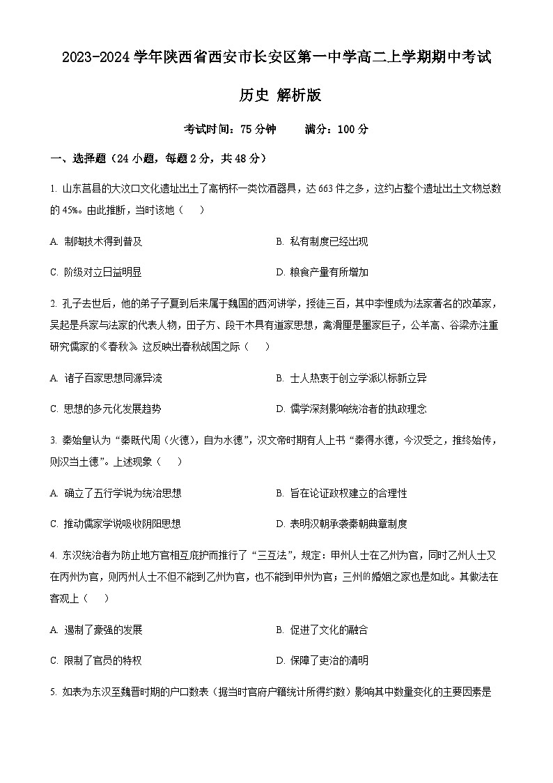2023-2024学年陕西省西安市长安区第一中学高二上学期期中考试历史含答案01