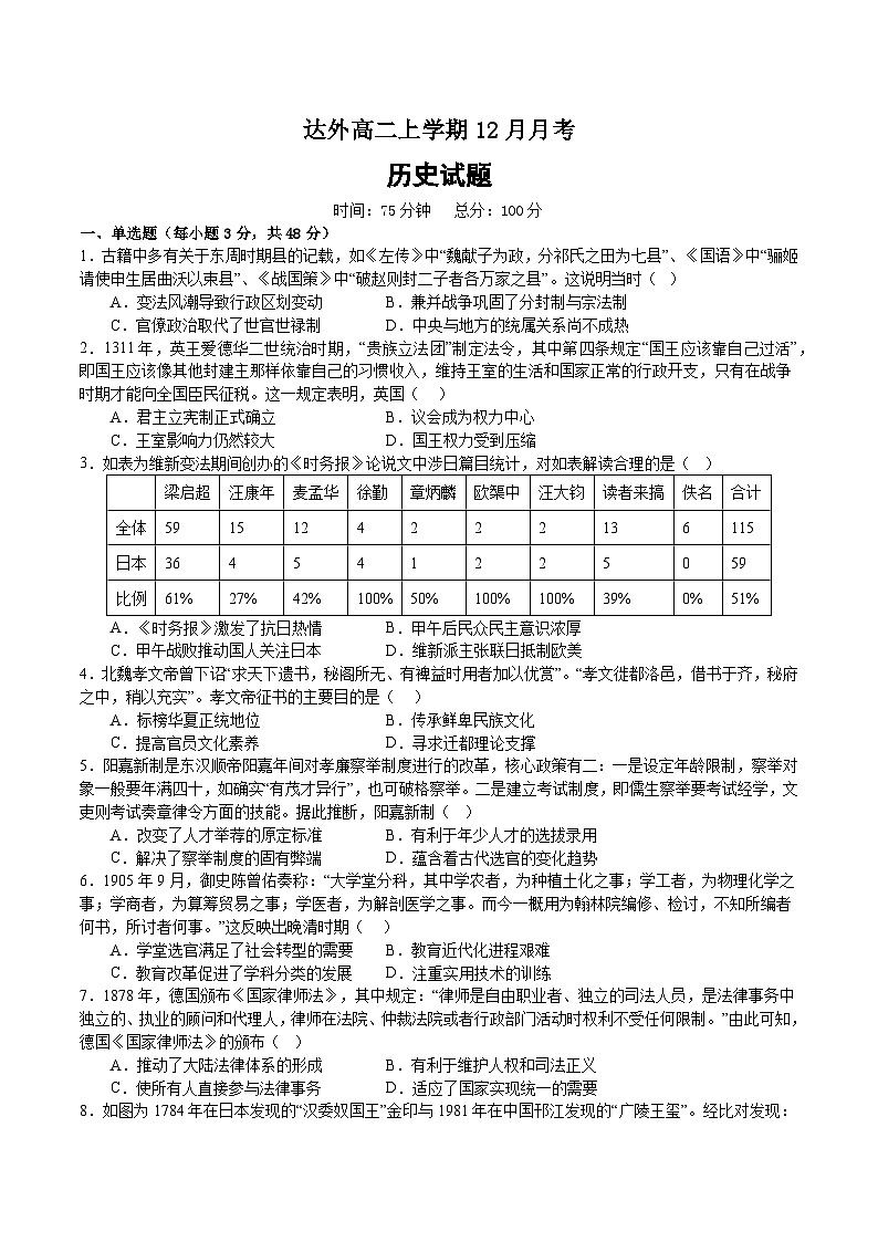 19，四川省达州外国语学校2023-2024学年高二上学期12月月考历史试题第1页