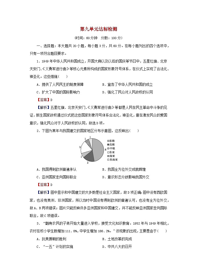 新教材2023_2024学年高中历史第九单元中华人民共和国成立和社会主义革命与建设单元达标检测部编版必修中外历史纲要上01