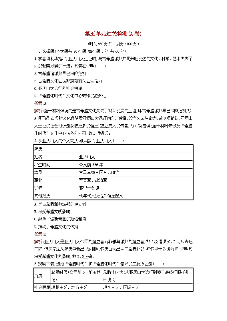 新教材2023年秋高中历史第五单元战争与文化交锋过关检测A卷部编版选择性必修3第1页