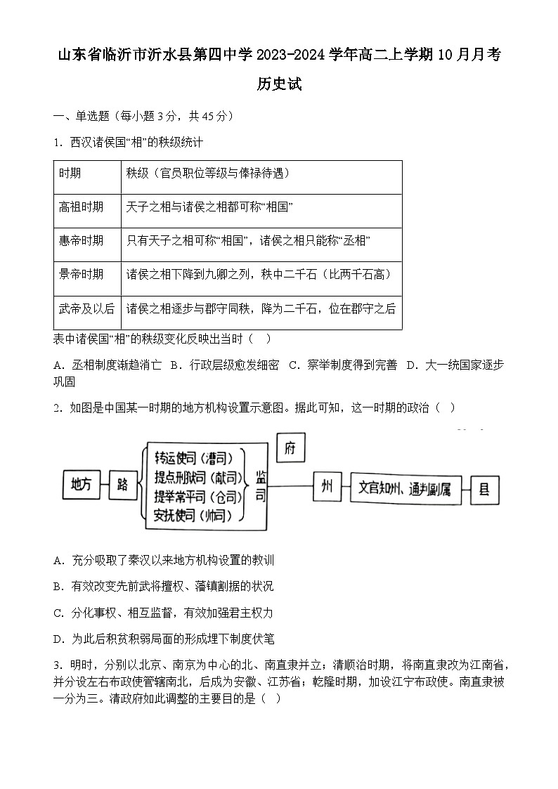 2023-2024学年山东省临沂市沂水县第四中学高二上学期10月月考历史试题含答案01