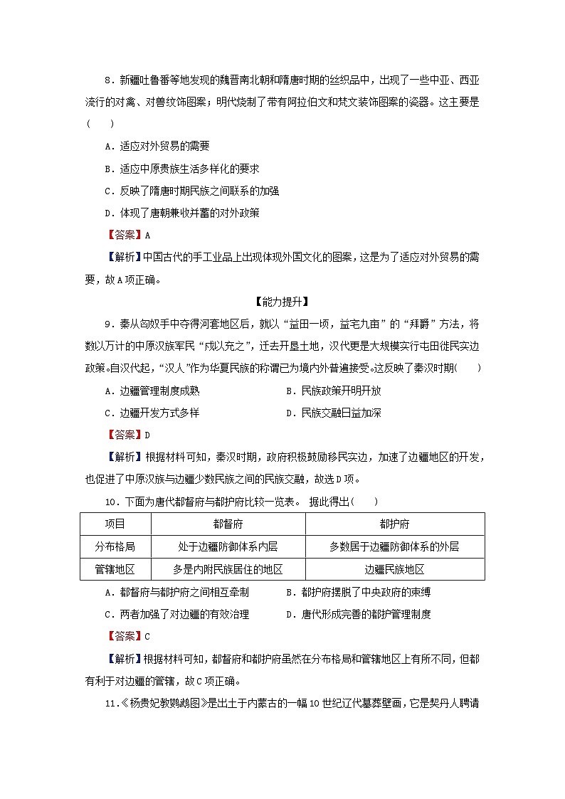 新教材2024版高中历史第四单元民族关系与国家关系第十一课中国古代的民族关系与对外交往课后提能训练部编版选择性必修103