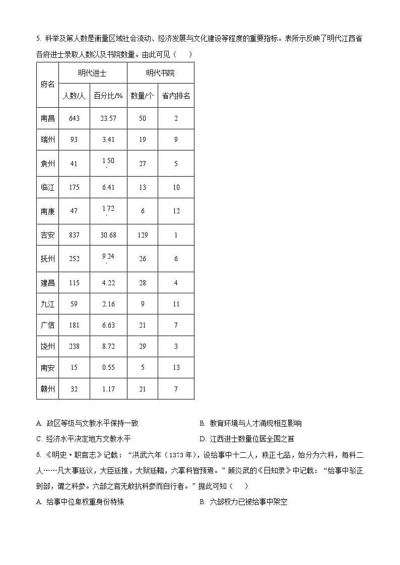江西省“三新”协同教研共同体2023-2024学年高二上学期12月联考历史试题（B卷）（原卷版）第2页