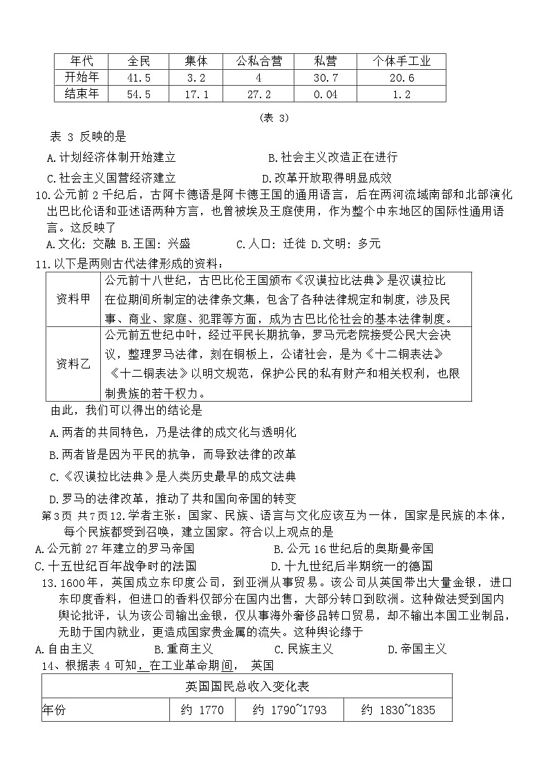 山东省实验中学2023-2024学年高三上学期第三次诊断考试历史试题03