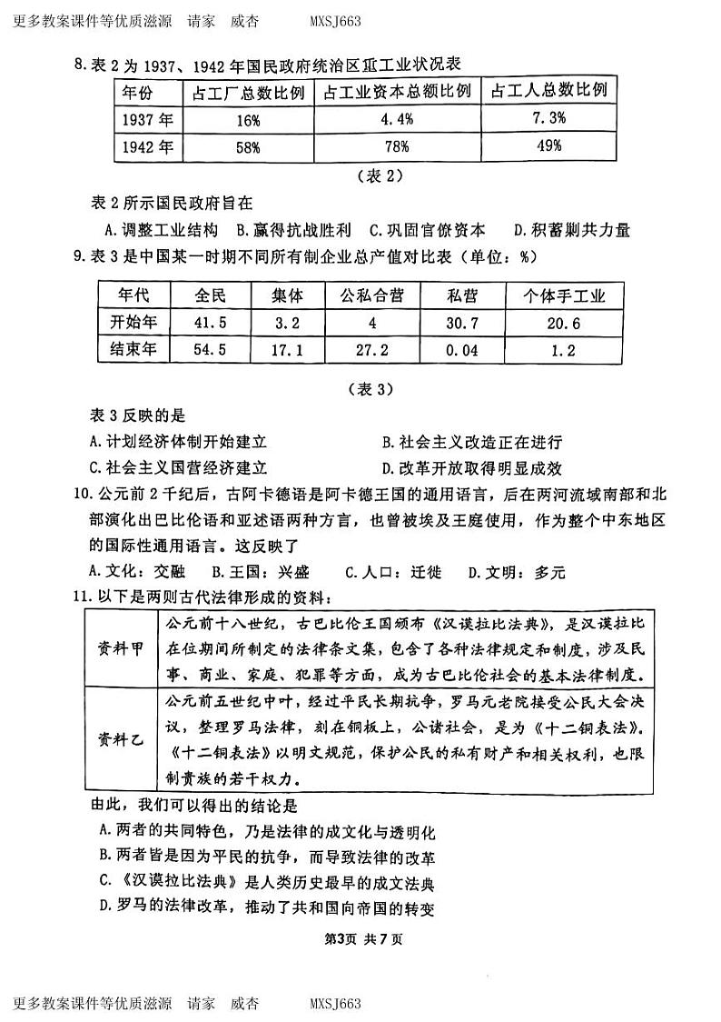 山东省实验中学2023-2024学年高三上学期第三次诊断考试历史试题(1)03