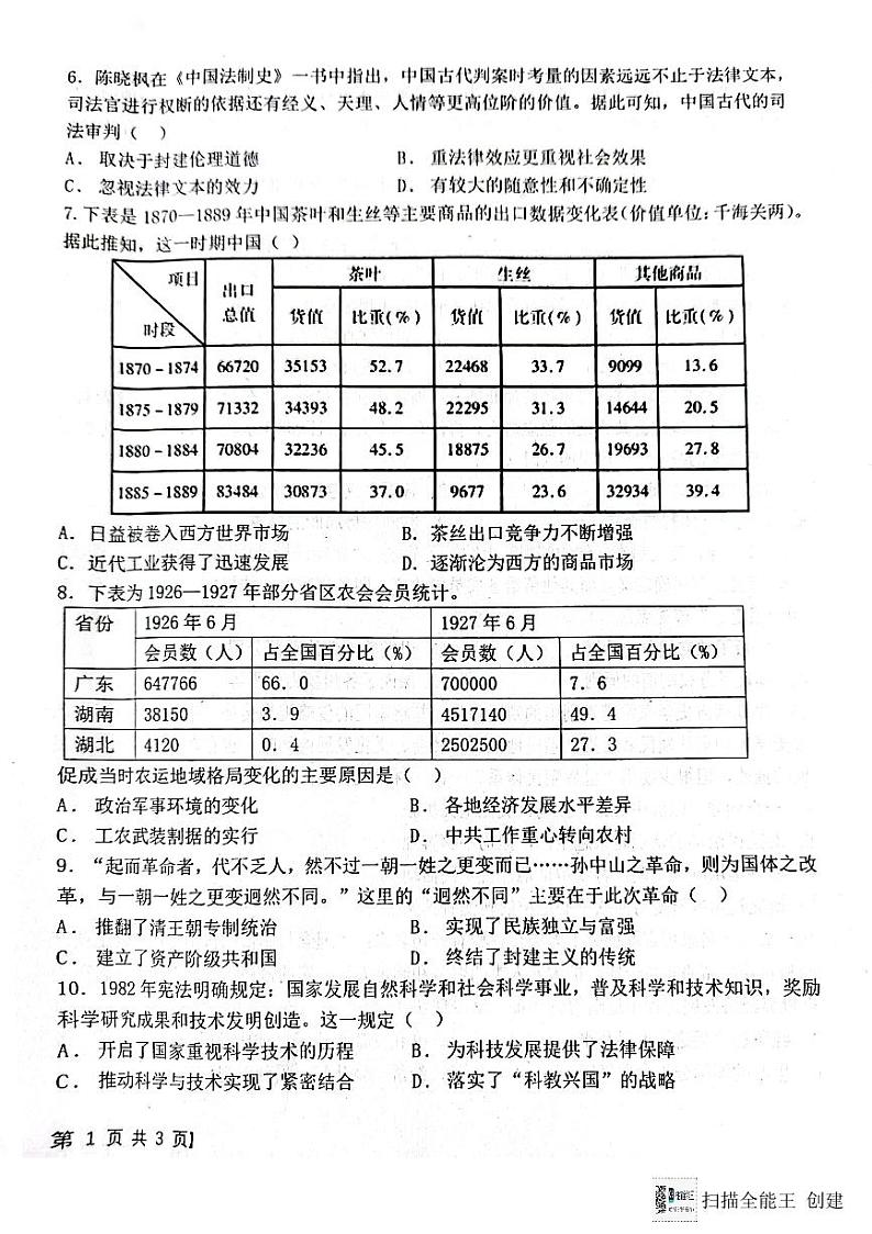 陕西省韩城市2023-2024学年高二上学期第三次月考历史试题02