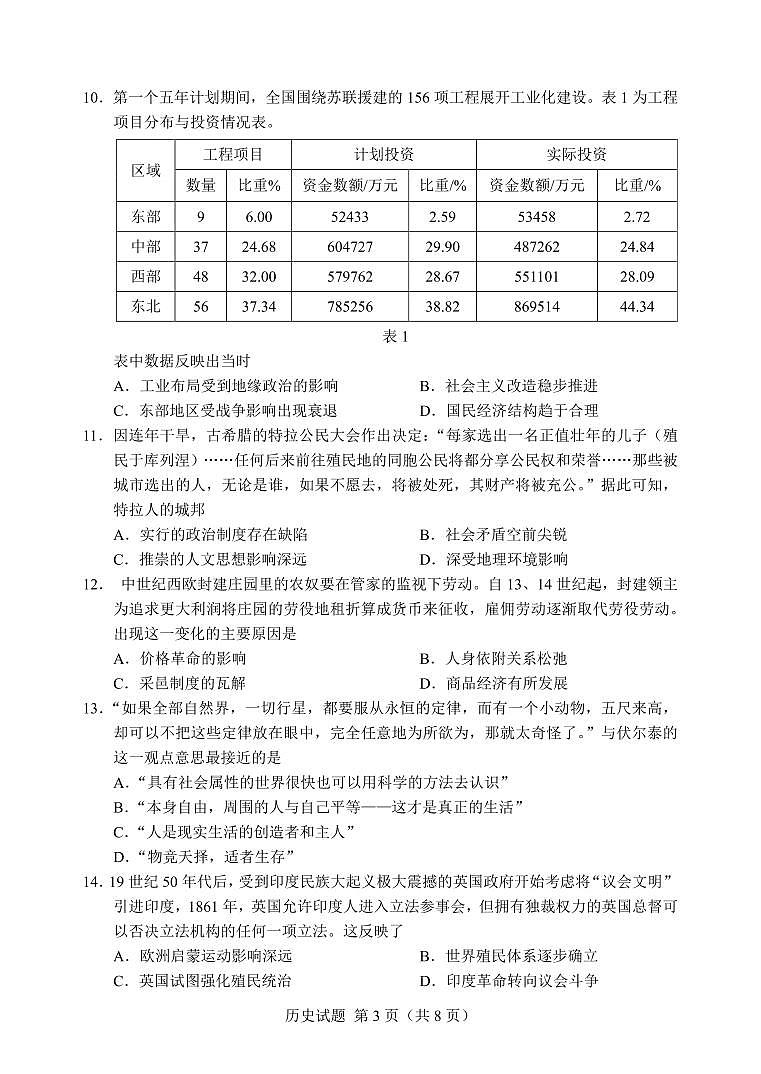 广西南宁市第三中学2024届高三第一次适应性考试（12月联考）历史试题及答案03