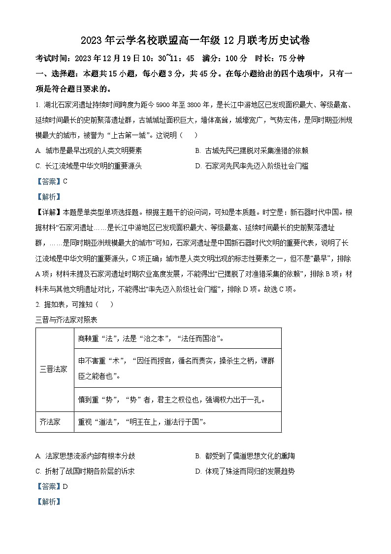 湖北省云学名校联盟2023-2024学年高一上学期12月联考历史试题（解析版）第1页