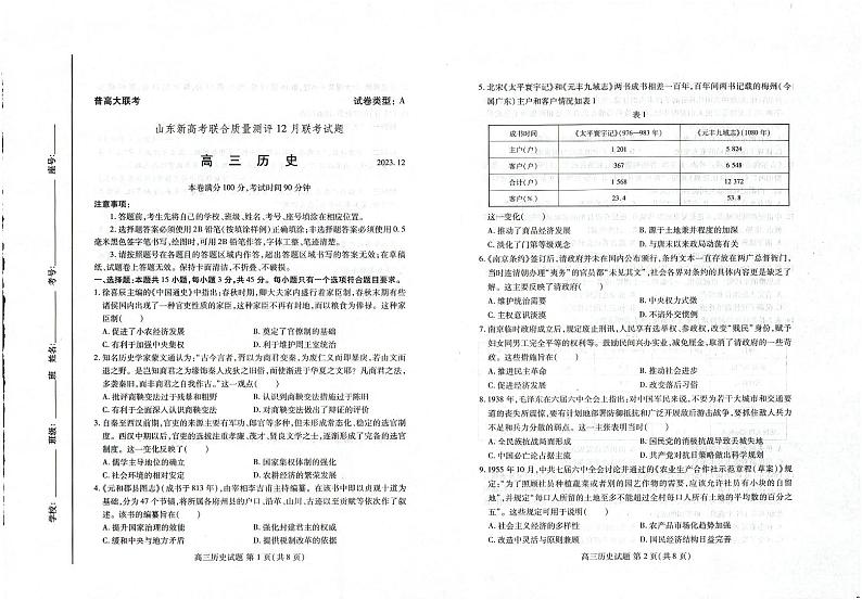 山东2024届高三新高考联合质量测评12月联考 历史试题及答案01