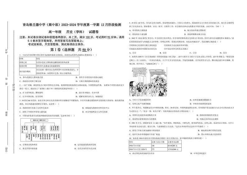 山东省青岛格兰德中学2023-2024学年高一上学期12月月考历史试题第1页
