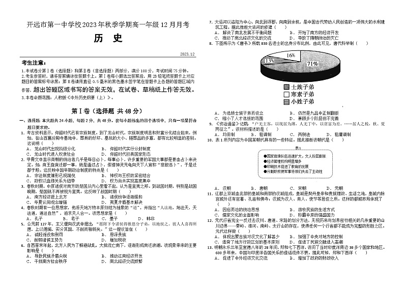 云南省开远市第一中学校2023-2024学年高一上学期12月月考历史试题第1页