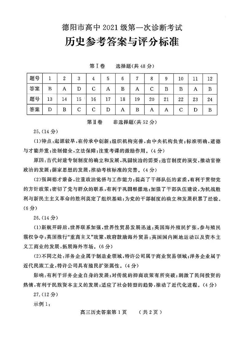 2024德阳高三上学期第一次诊断性考试历史PDF版含答案01