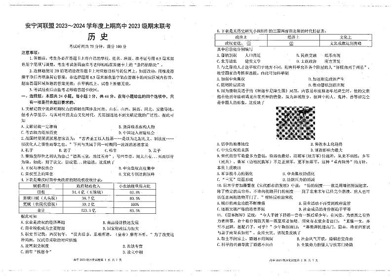 2024凉山彝族自治州安宁河联盟高一上学期期末联考试题历史PDF版含解析01
