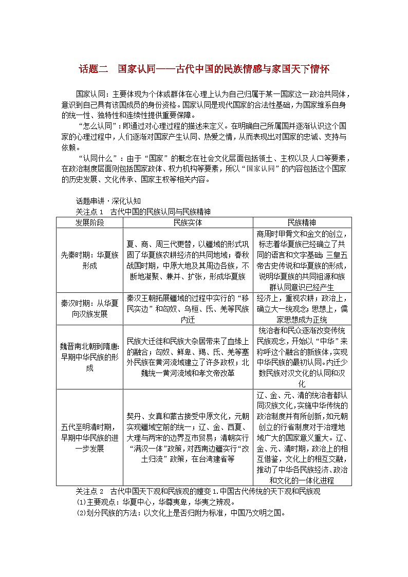 新教材通史版2024高考历史二轮专题复习第一部分第一编中国古代史步骤三话题二国家认同__古代中国的民族情感与家国天下情怀教师用书第1页