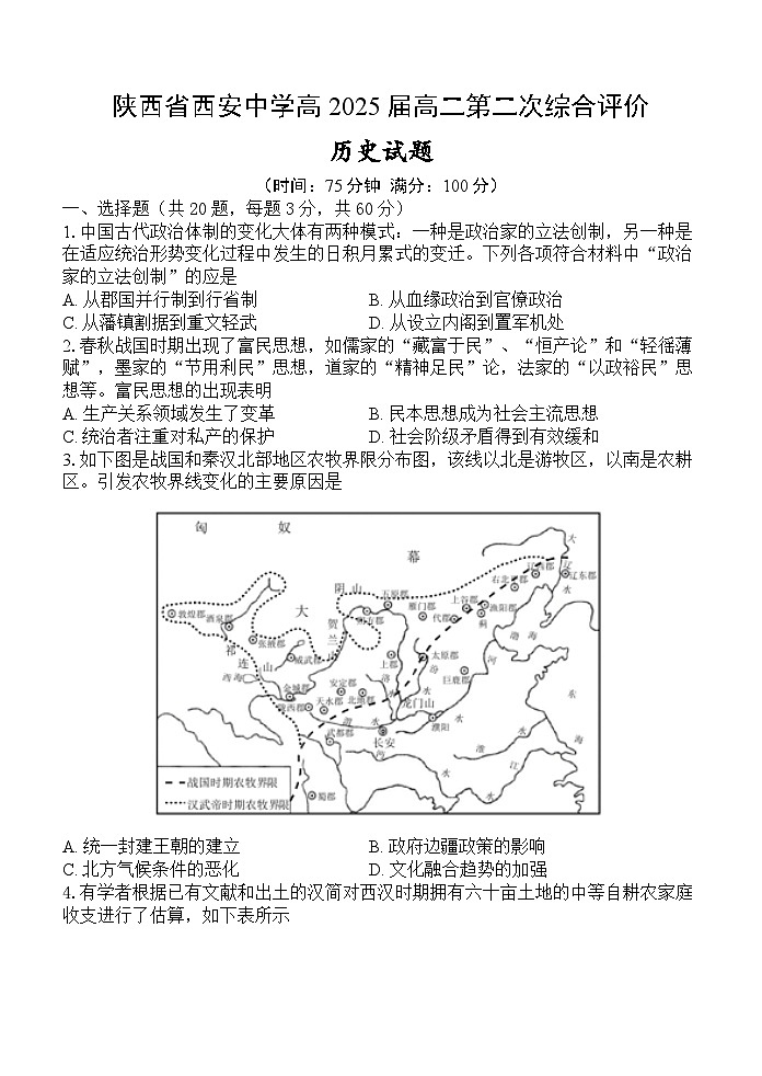 陕西省西安中学2023-2024学年高二上学期第二次综合评价历史试题（Word版附答案）第1页