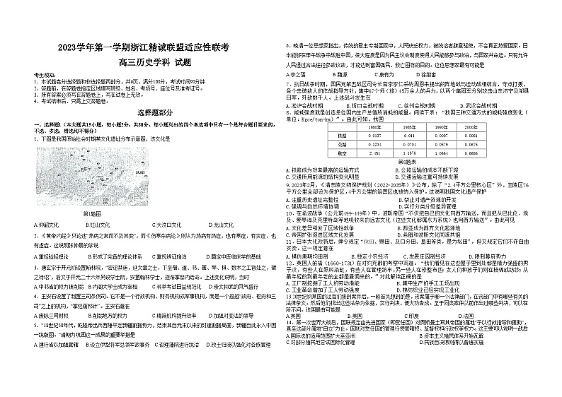 浙江省舟山中学2023-2024学年高三上学期12月月考 历史试题01
