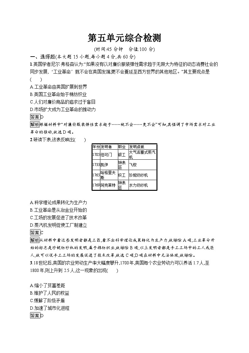 高中历史 统编版 必修中外历史纲要（下）单元测试卷 第五单元综合检测（含答案+解析）第1页