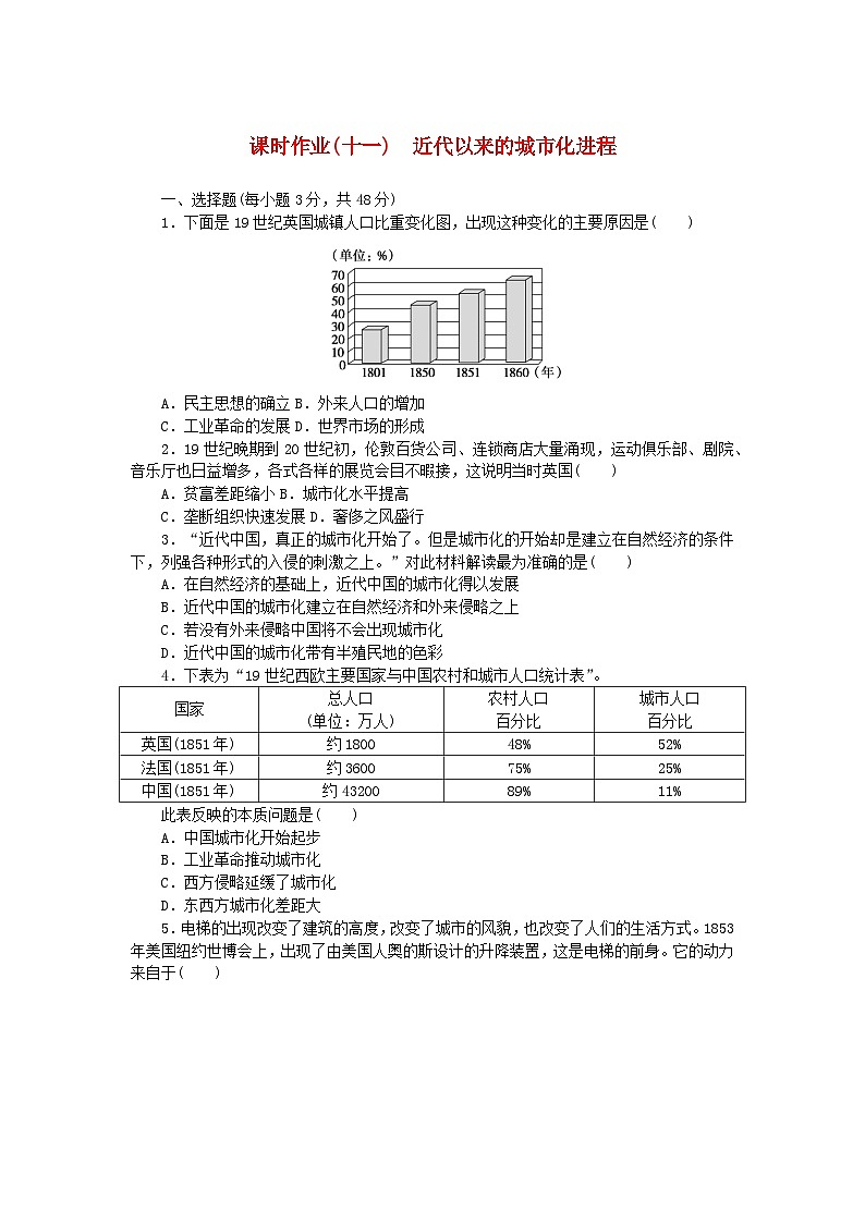 新教材2023版高中历史课时作业十一近代以来的城市化进程部编版选择性必修2第1页