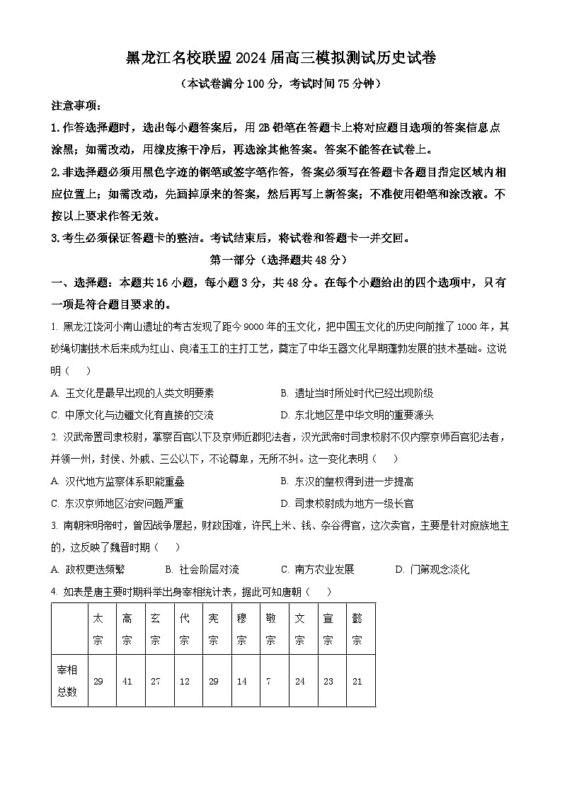 黑龙江省名校联盟2023-2024学年高三上学期模拟测试 历史第1页