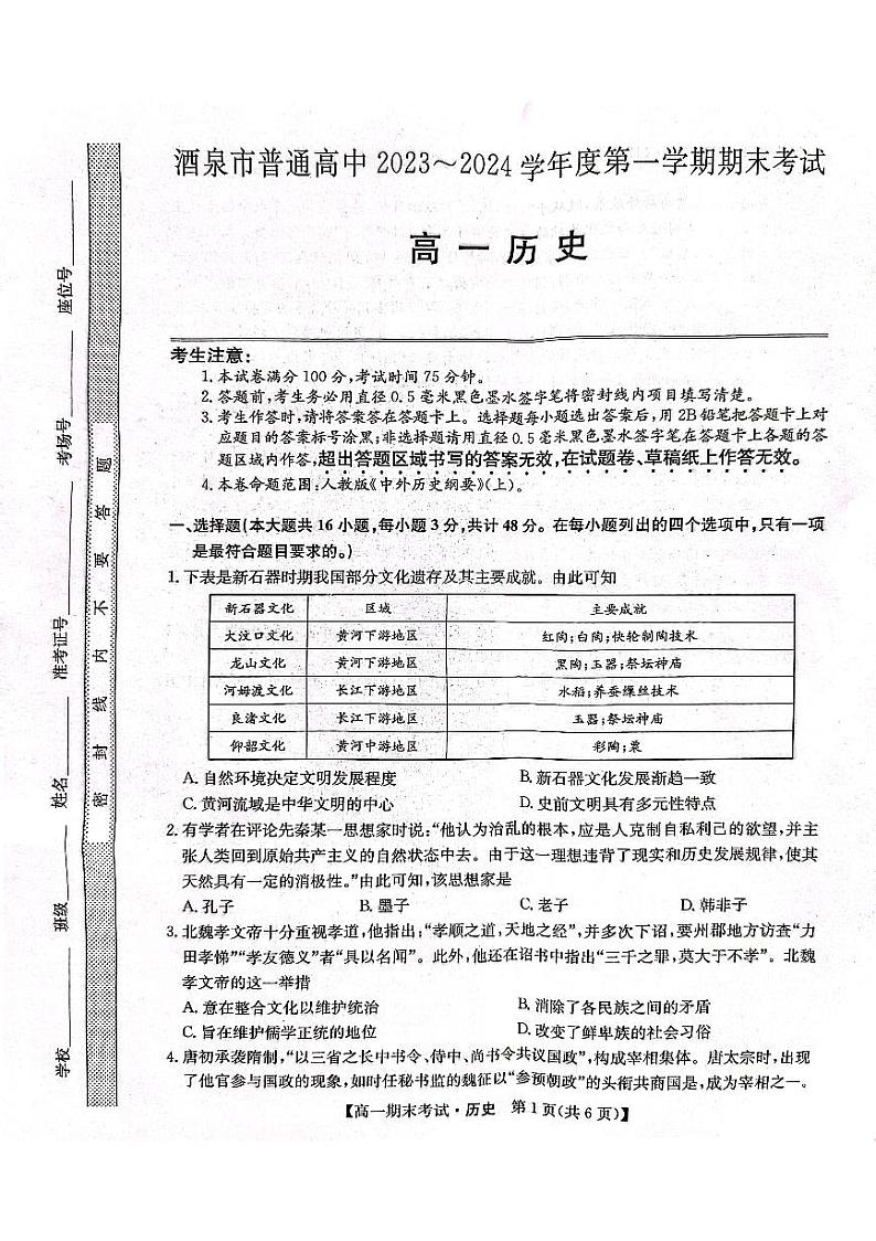 甘肃省酒泉市2023-2024学年高一上学期1月期末考试历史试题01