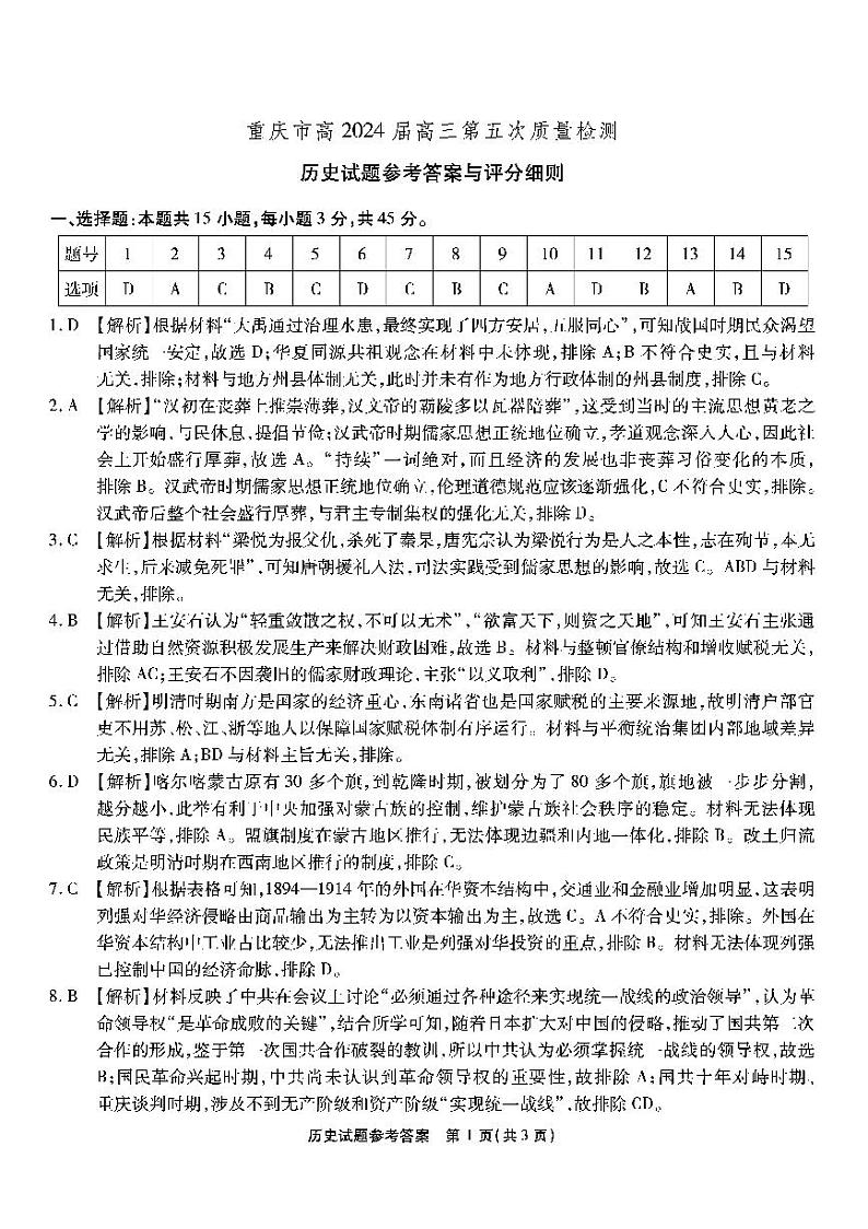 南开第五次联考-历史答案第1页