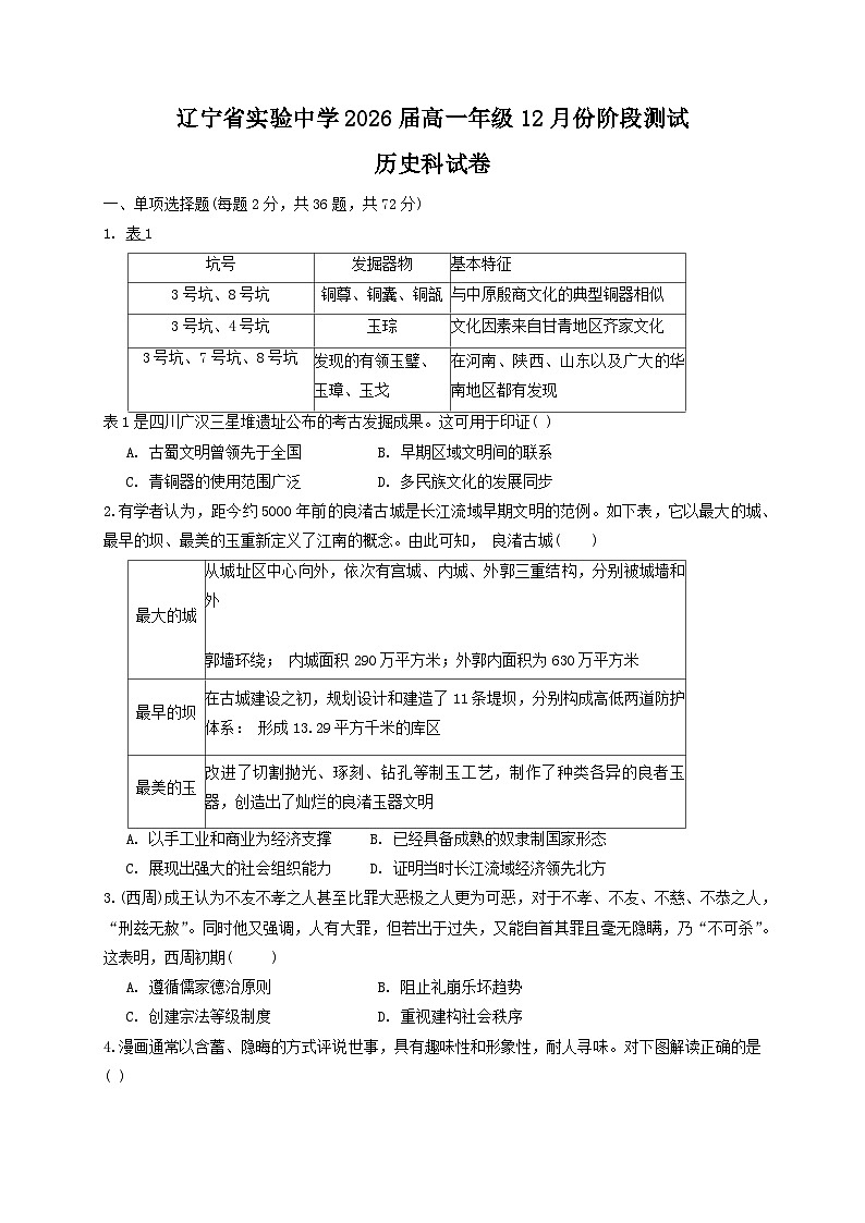 2024辽宁省实验中学高一上学期12月月考试题历史含答案01