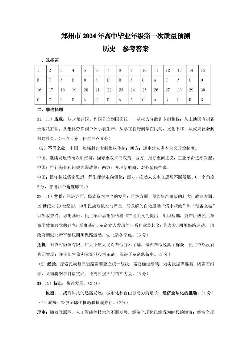 郑州市2024年高中毕业年级第一次质量预测（高三一模）历史参考答案01