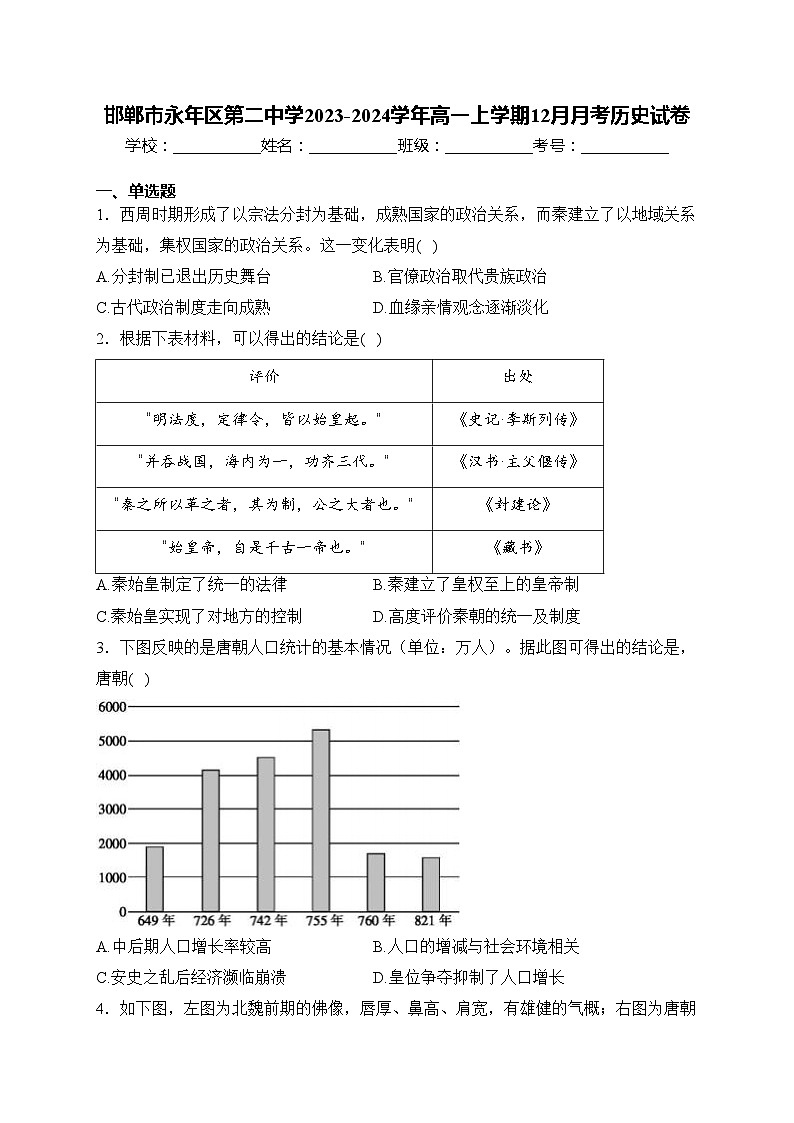 邯郸市永年区第二中学2023-2024学年高一上学期12月月考历史试卷(含答案)第1页