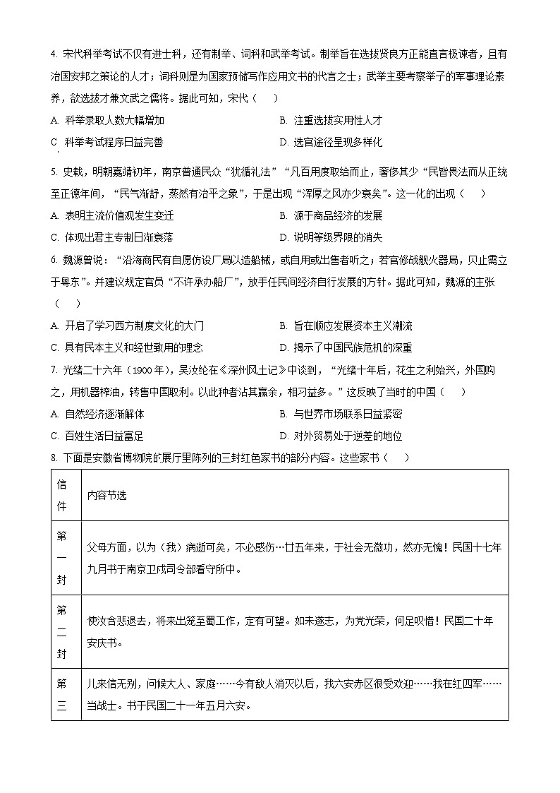 2024安徽省县中联盟高三上学期12月联考历史试题含解析02