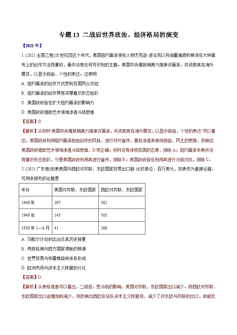 专题13 二战后世界政治、经济格局的演变（教师版含解析）2012-2021年高考历史真题分专题训练 第1页