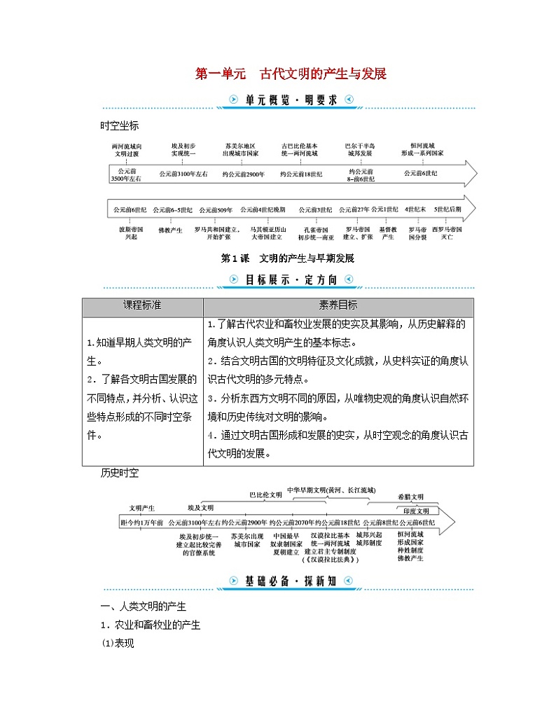 新教材适用2023_2024学年高中历史第1单元古代文明的产生与发展第1课文明的产生与早期发展学案部编版必修中外历史纲要下第1页