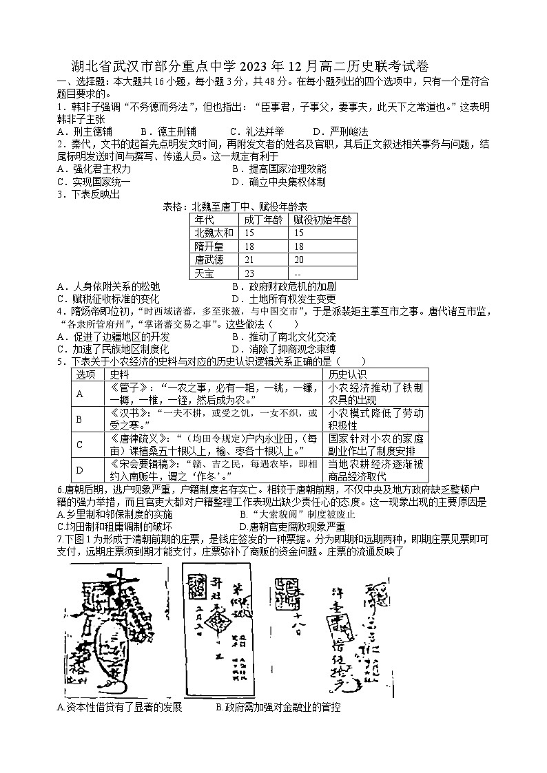 湖北省武汉市部分重点中学2023-2024学年高二上学期12月联考历史试卷（Word版附答案）01