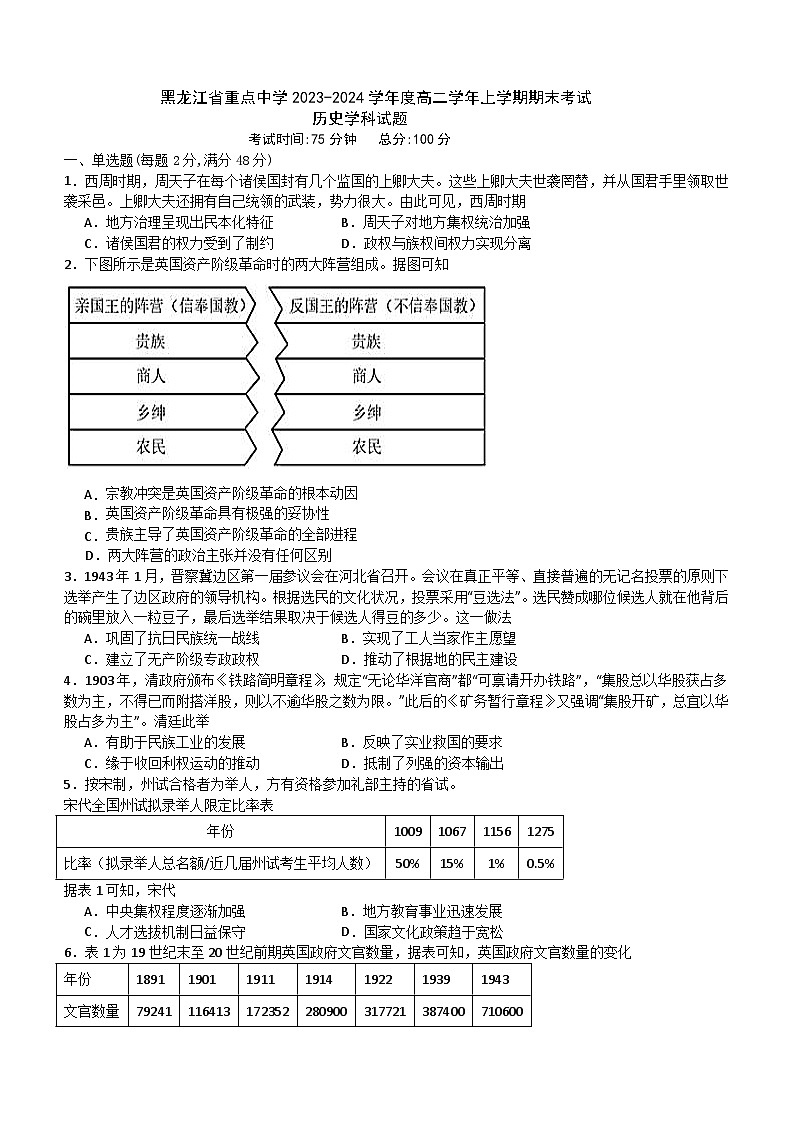 黑龙江省重点中学2023-2024学年高二上学期1月期末考试历史试题（含答案）01