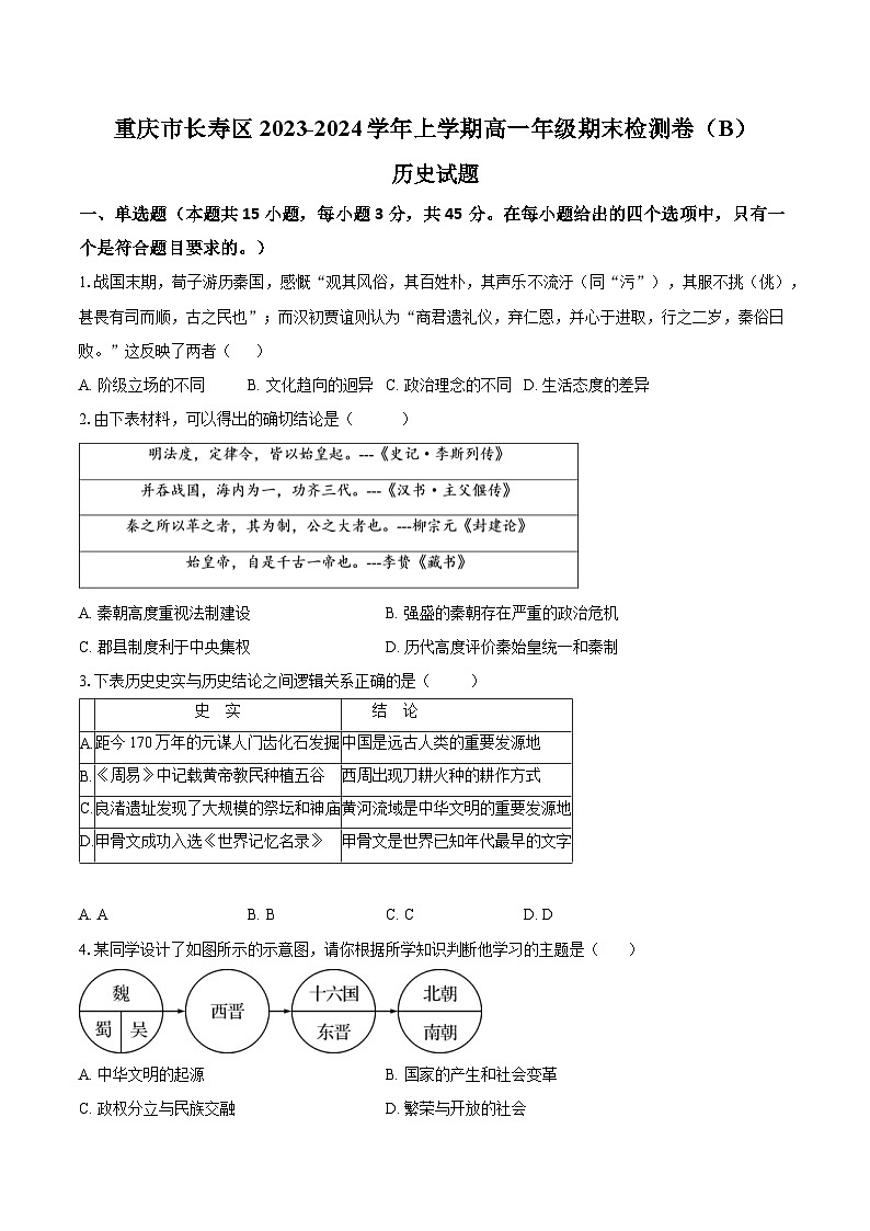 2024重庆长寿区八校高一上学期1月期末联考试题历史含答案第1页