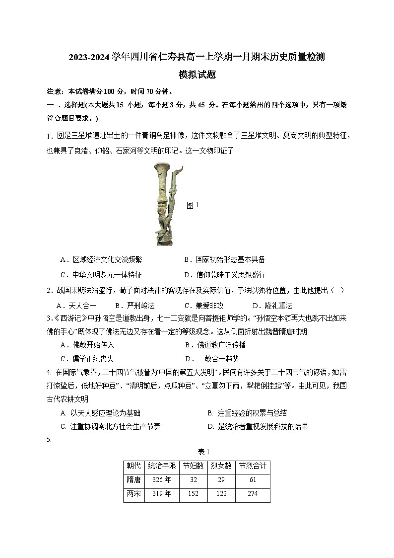 2023-2024学年四川省仁寿县高一上册一月期末历史质量检测模拟试题（附答案）第1页