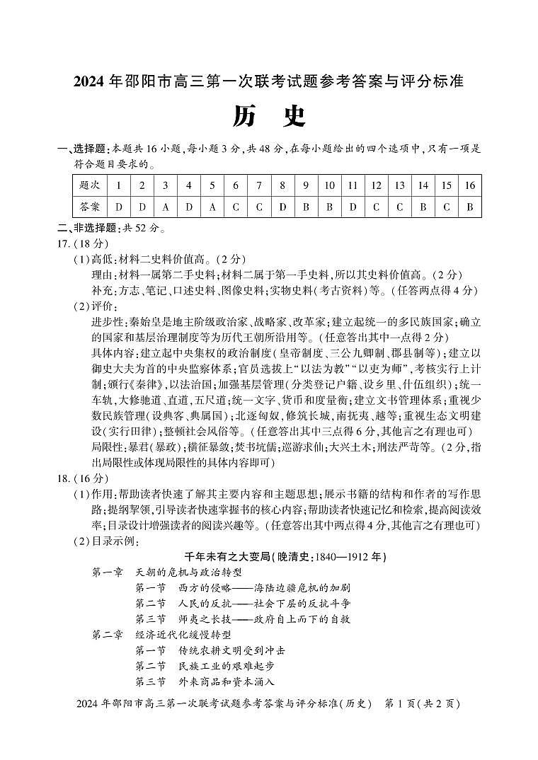 2024届湖南省邵阳市高三一模历史试题及答案01