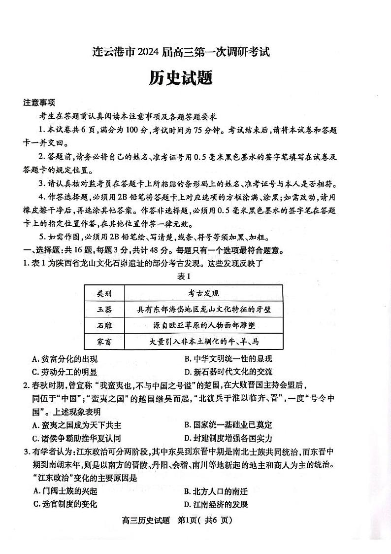 2024届江苏省连云港市高三上学期一模历史试题01