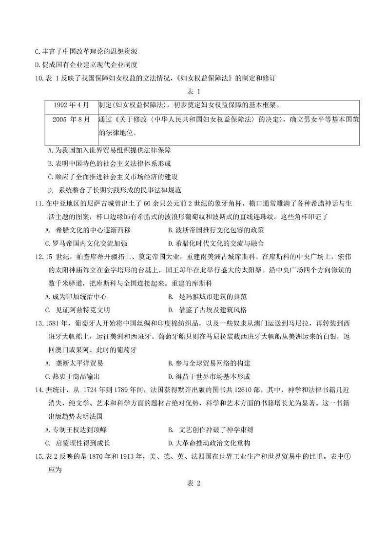 【历史试卷】2024届江苏省南通市高三上学期第一次调研测试（一模）历史试题03