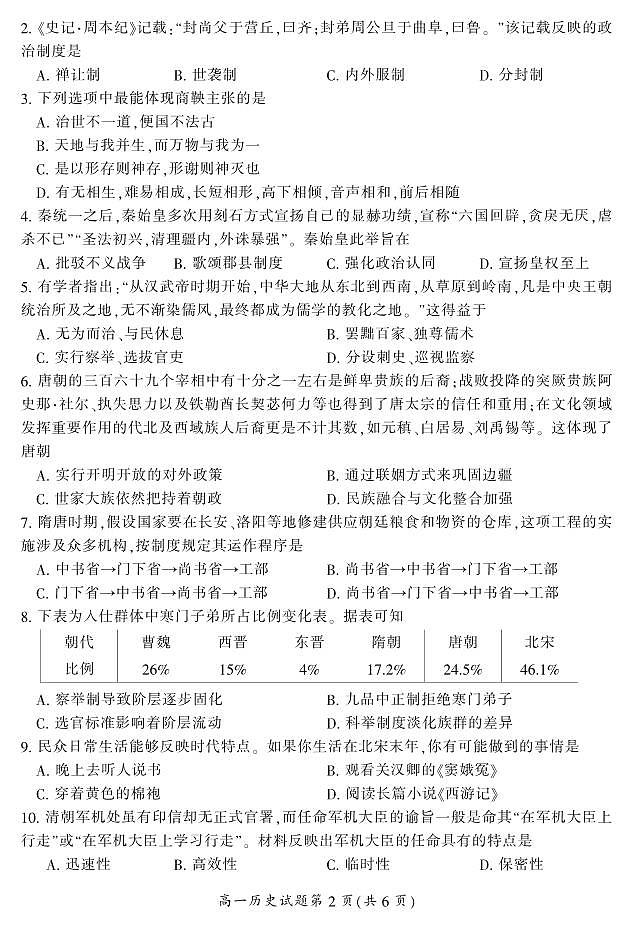 2024郴州高一上学期期末试题历史PDF版含答案第2页