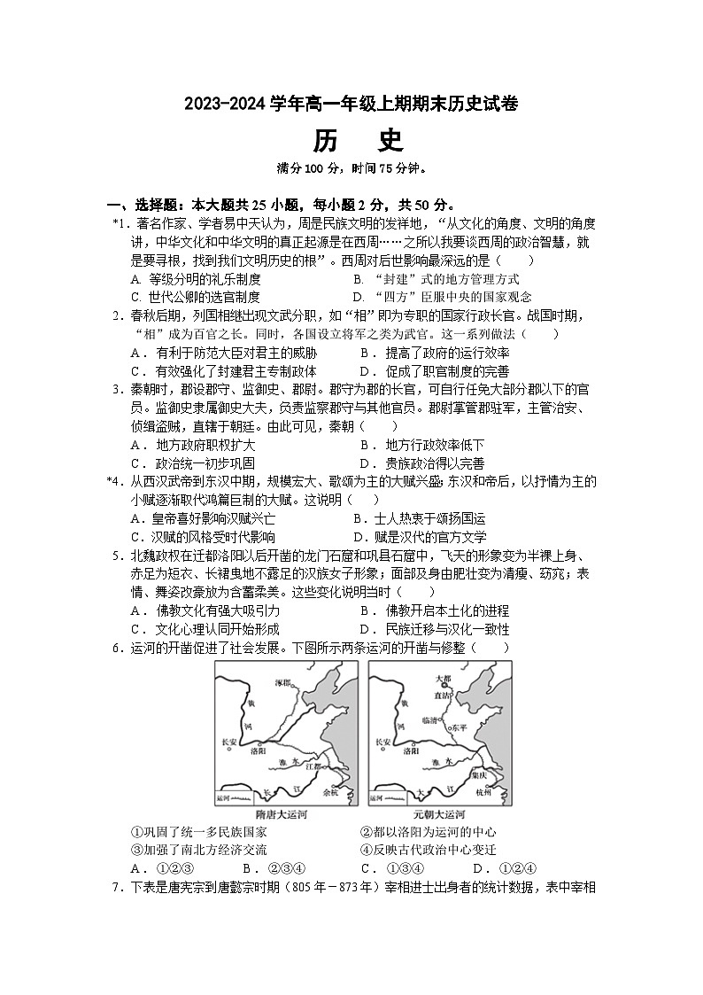 2024岳阳高一上学期1月期末质量监测试题历史含解析第1页