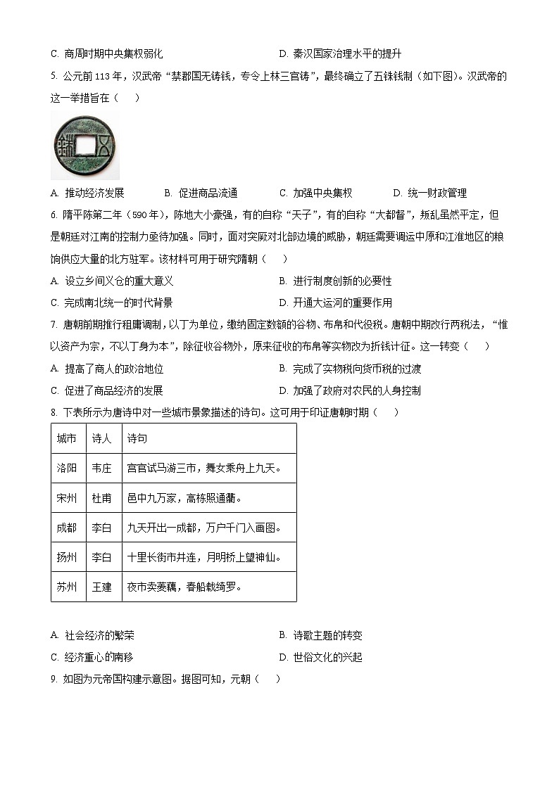 2024长沙雨花区高一上学期期末考试历史试题含解析02