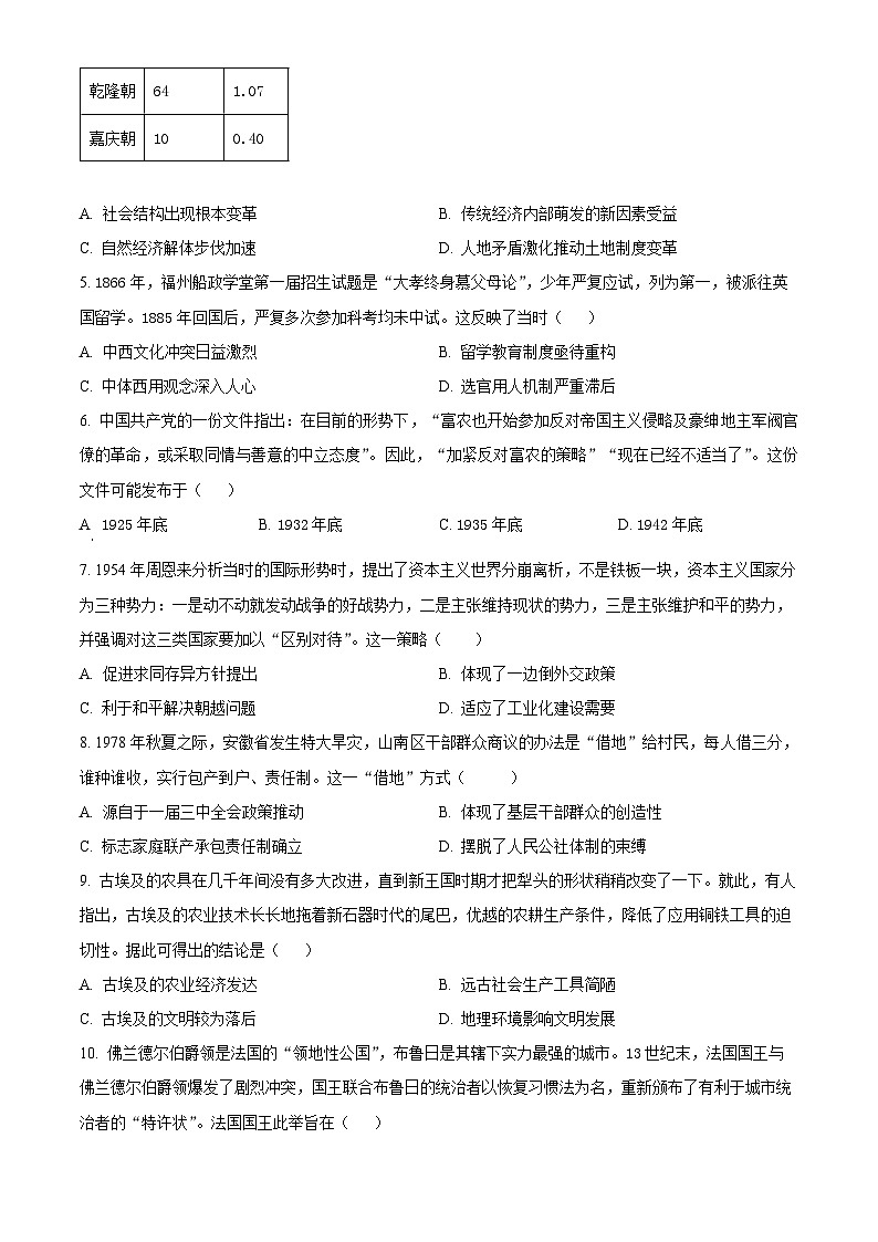 山东省烟台市、菏泽市2023-2024学年高三上学期期末考试历史试题02