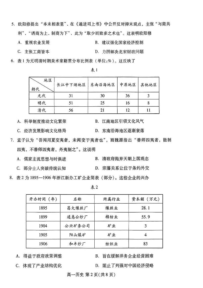 山东省潍坊市2023-2024学年高一上学期期末考试历史试题02