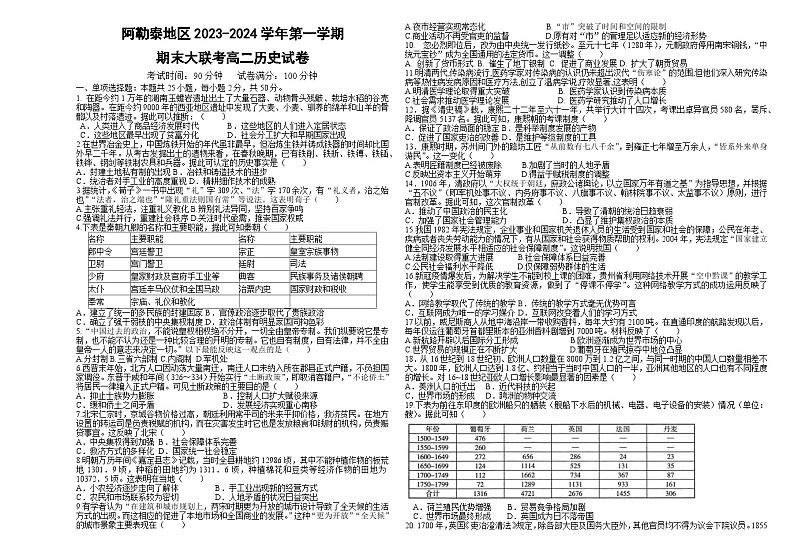07，新疆维吾尔自治区阿勒泰地区2023-2024学年高二上学期期末大联考历史试题01