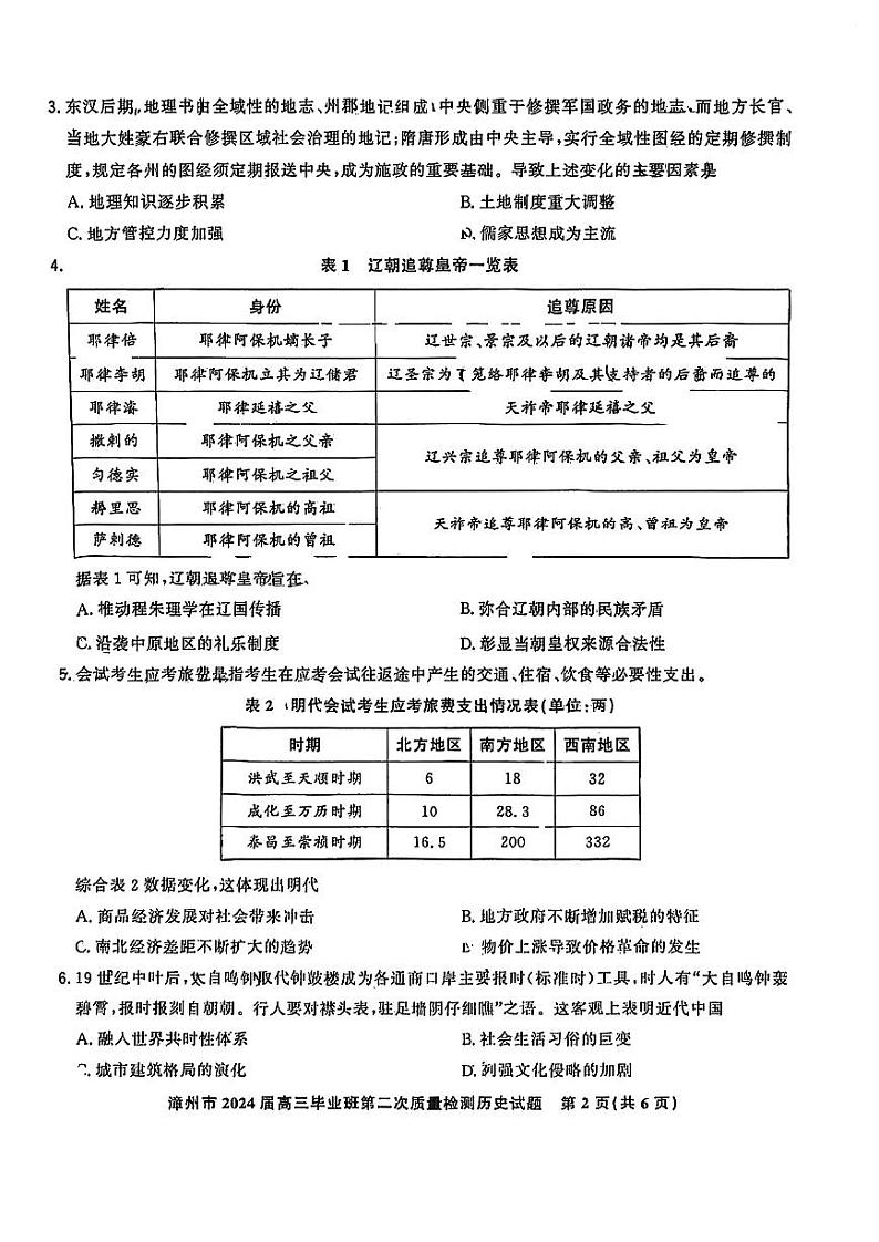2024届福建省漳州市高三上学期第二次质量检测历史试卷第2页