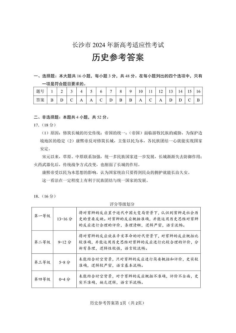 2024长沙新高考适应性考试高三历史含答案01